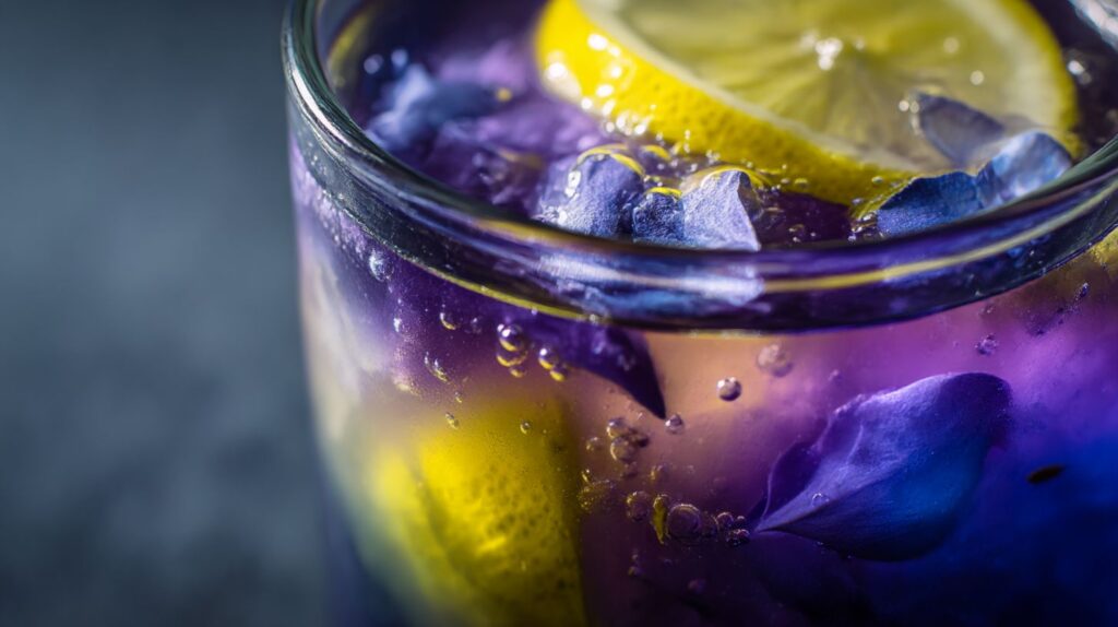 Close-up van een glas butterfly pea flower tea met citroenschijfjes en paarse bloemblaadjes in bruisend water.