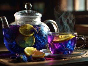 Glazen theepot en theekop gevuld met blauwe vlindererwtthee en schijfjes citroen, op een houten tafel bij warm licht.