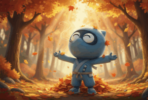 Stoppen met roken en vrij ademen in de herfst – symbolisch beeld van een blauwe ninja die geniet van frisse lucht tussen vallende bladeren, passend bij rooknietmeer.nl.